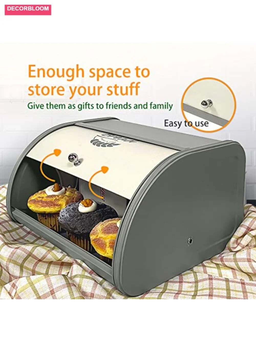 Powder Coated Steel Bread Box Roll Top Kitchen Storage